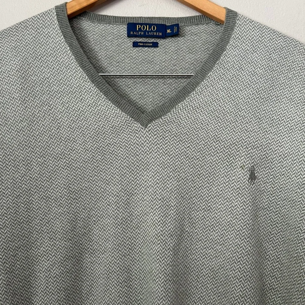 Polo Ralph Lauren Sweater Mens XL Gray Herringbone V-Neck Pima Cotton Pony Logo